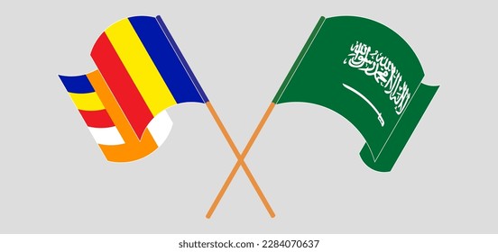 Crossed and waving flags of Buddhism and Saudi Arabia. Vector illustration