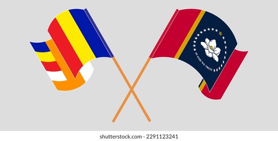 Crossed and waving flags of Buddhism and The State of Mississippi. Vector illustration
