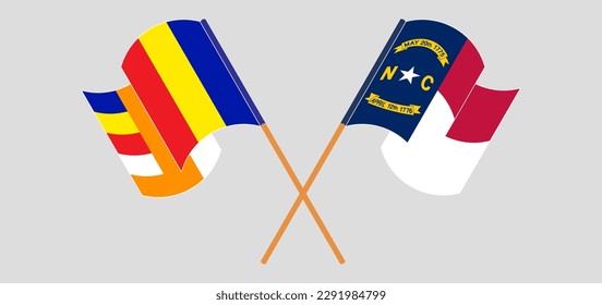 Crossed and waving flags of Buddhism and The State of North Carolina. Vector illustration
