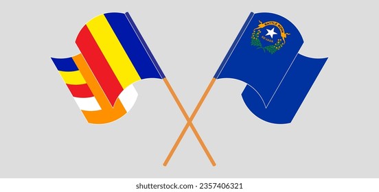 Crossed and waving flags of Buddhism and The State of Nevada. Vector illustration
