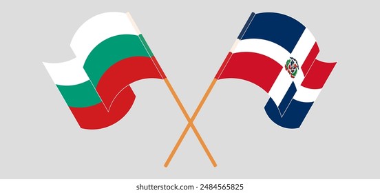 Cruzadas y ondeando banderas de Bulgaria y República Dominicana. Ilustración vectorial
