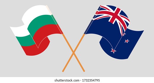 Crossed and waving flags of Bulgaria and New Zealand