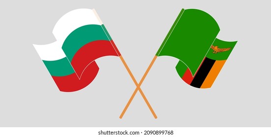 Crossed and waving flags of Bulgaria and Republic of Zambia