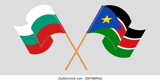 Crossed and waving flags of Bulgaria and South Sudan. Vector illustration
