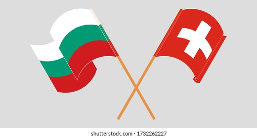 Crossed and waving flags of Bulgaria and Switzerland