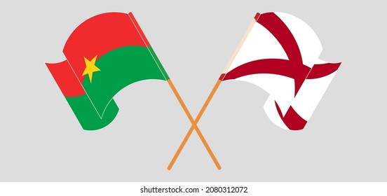 Überquerte und schwellende Flaggen von Burkina Faso und dem Staat Alabama. Vektorgrafik
