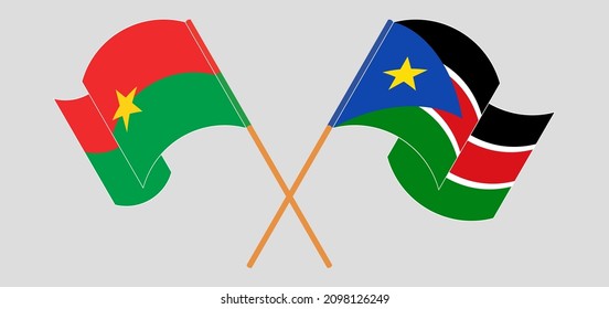 Gekreuzte und wehende Flaggen von Burkina Faso und Südsudan. Vektorgrafik
