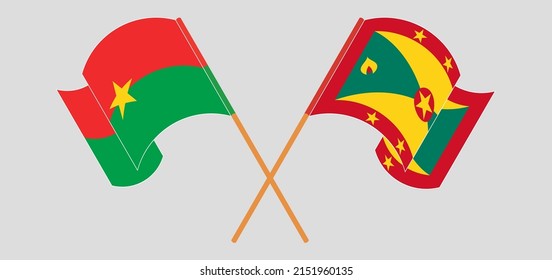 Die Flaggen von Burkina Faso und Grenada überqueren und schwingen. Vektorgrafik
