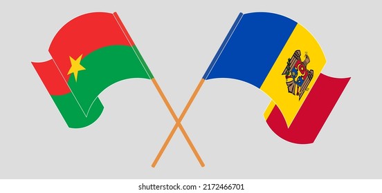 Gekreuzte und wehende Flaggen von Burkina Faso und Moldawien. Vektorgrafik
