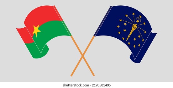 Überquerte und schwellende Flaggen von Burkina Faso und dem Bundesstaat Indiana. Vektorgrafik
