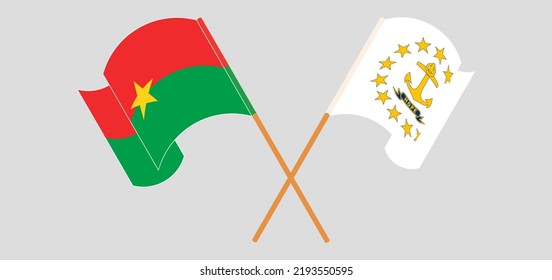 Überquerte und schwellende Flaggen von Burkina Faso und dem Staat Rhode Island. Vektorgrafik
