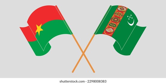 Gekreuzte und wehende Flaggen von Burkina Faso und Turkmenistan. Vektorgrafik
