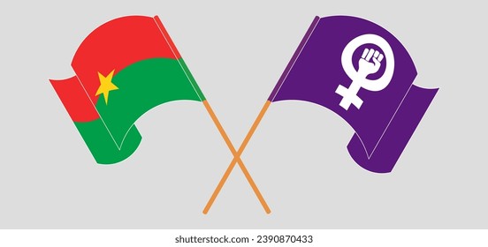 Crossed and waving flags of Burkina Faso and Feminism. Vector illustration
