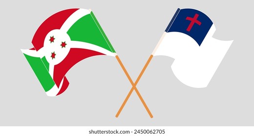 Crossed and waving flags of Burundi and christianity. Vector illustration
