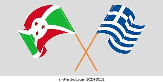Crossed and waving flags of Burundi and Greece