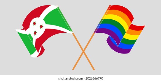 Crossed and waving flags of Burundi and LGBTQ
