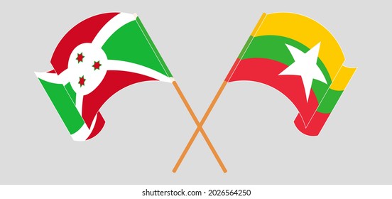 Crossed and waving flags of Burundi and Myanmar