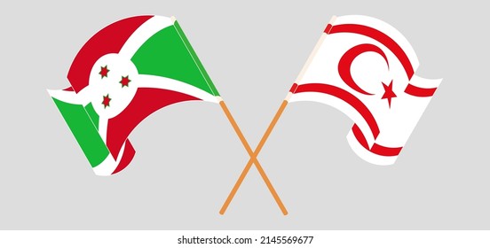 Crossed and waving flags of Burundi and Northern Cyprus. Vector illustration
