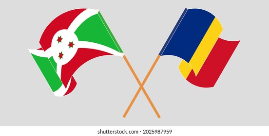 Crossed and waving flags of Burundi and Romania