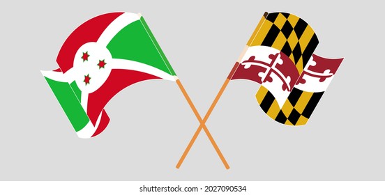 Gekreuzte und wehende Flaggen Burundis und des Staates Maryland