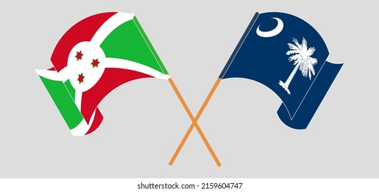 Crossed and waving flags of Burundi and The State of South Carolina. Vector illustration
