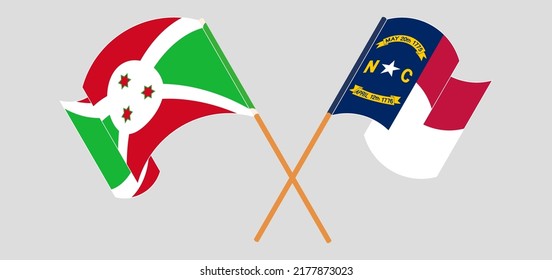 Crossed and waving flags of Burundi and The State of North Carolina. Vector illustration
