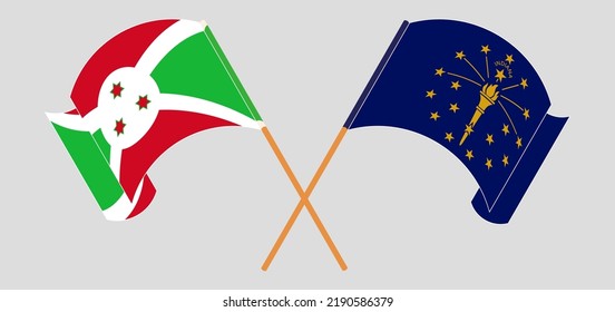 Crossed and waving flags of Burundi and the State of Indiana. Vector illustration

