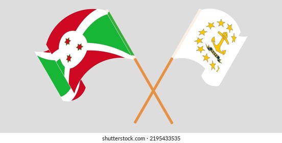 Crossed and waving flags of Burundi and the State of Rhode Island. Vector illustration

