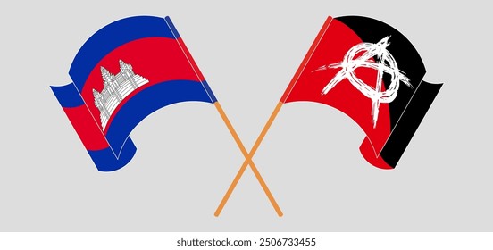 Crossed and waving flags of Cambodia and Anarchy. Vector illustration
