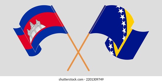 Crossed and waving flags of Cambodia and Bosnia and Herzegovina. Vector illustration
