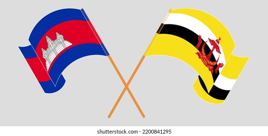 Crossed and waving flags of Cambodia and Brunei. Vector illustration
