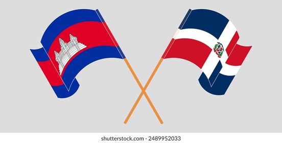 Crossed and waving flags of Cambodia and Dominican Republic. Vector illustration
