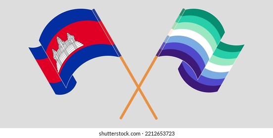 Crossed And Waving Flags Of Cambodia And Gay Men Pride. Vector Illustration
