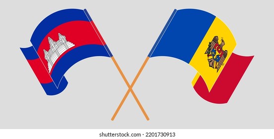 Gekreuzte und wehende Flaggen von Kambodscha und Moldawien. Vektorgrafik
