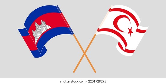 Crossed and waving flags of Cambodia and Northern Cyprus. Vector illustration
