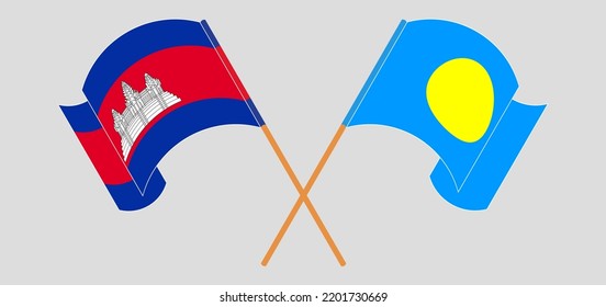 Crossed and waving flags of Cambodia and Palau. Vector illustration
