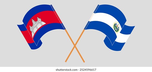 Crossed and waving flags of Cambodia and Republic of El Salvador. Vector illustration.
