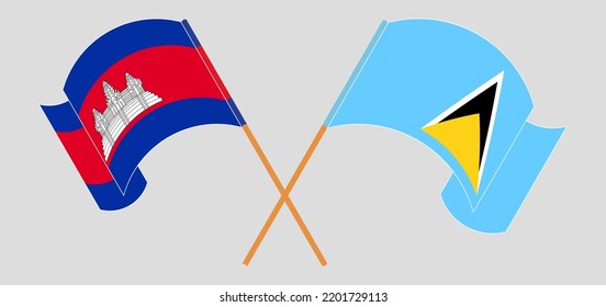 Crossed and waving flags of Cambodia and Saint Lucia. Vector illustration
