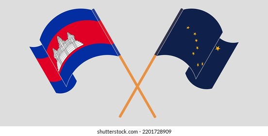 Überquerte und wehende Flaggen Kambodschas und des Staates Alaska. Vektorgrafik
