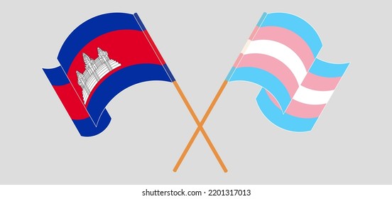 Crossed and waving flags of Cambodia and Transgender Pride. Vector illustration
