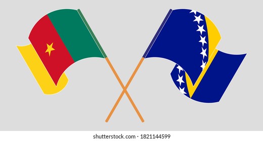 Crossed and waving flags of Cameroon and Bosnia and Herzegovina