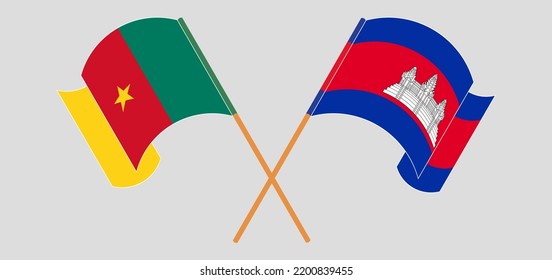 Crossed and waving flags of Cameroon and Cambodia. Vector illustration
