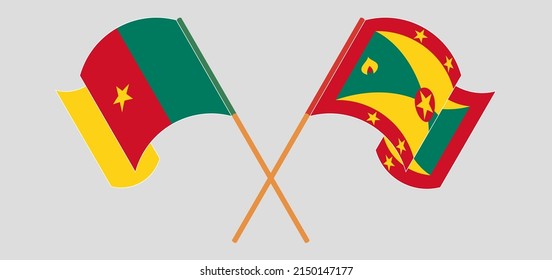 Crossed and waving flags of Cameroon and Grenada. Vector illustration
