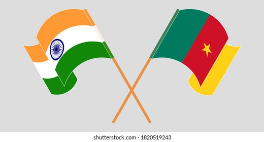Banderas cruzadas y ondeando banderas de Camerún e India