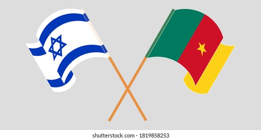 Crossed and waving flags of Cameroon and Israel