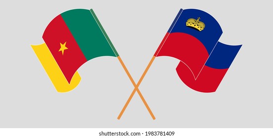 Crossed and waving flags of Cameroon and Liechtenstein