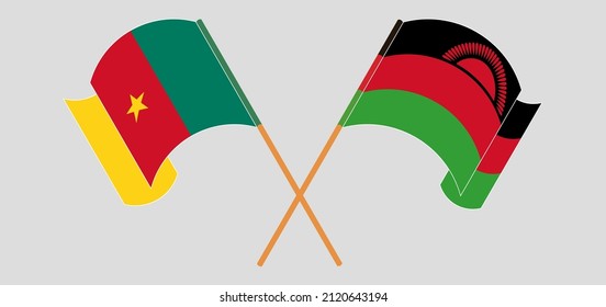 Crossed and waving flags of Cameroon and Malawi. Vector illustration
