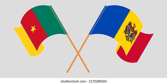 Crossed and waving flags of Cameroon and Moldova. Vector illustration
