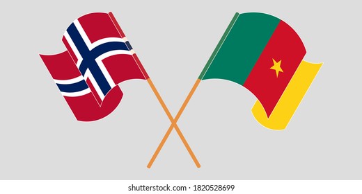 Crossed and waving flags of Cameroon and Norway