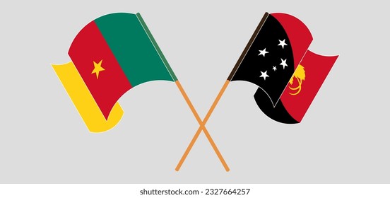 Crossed and waving flags of Cameroon and Papua New Guinea. Vector illustration

